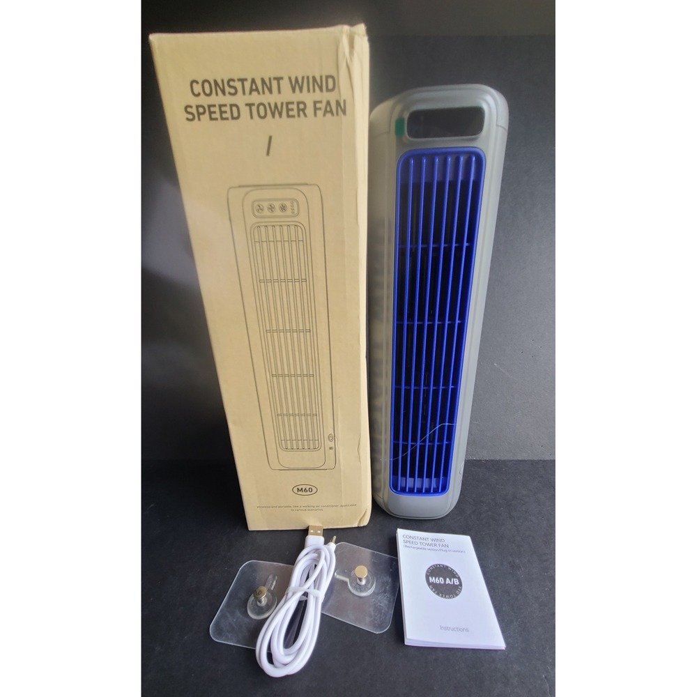 M60 Constant Wind Speed Tower Fan Rechargeable USB Portable Grey Blue 12 inch